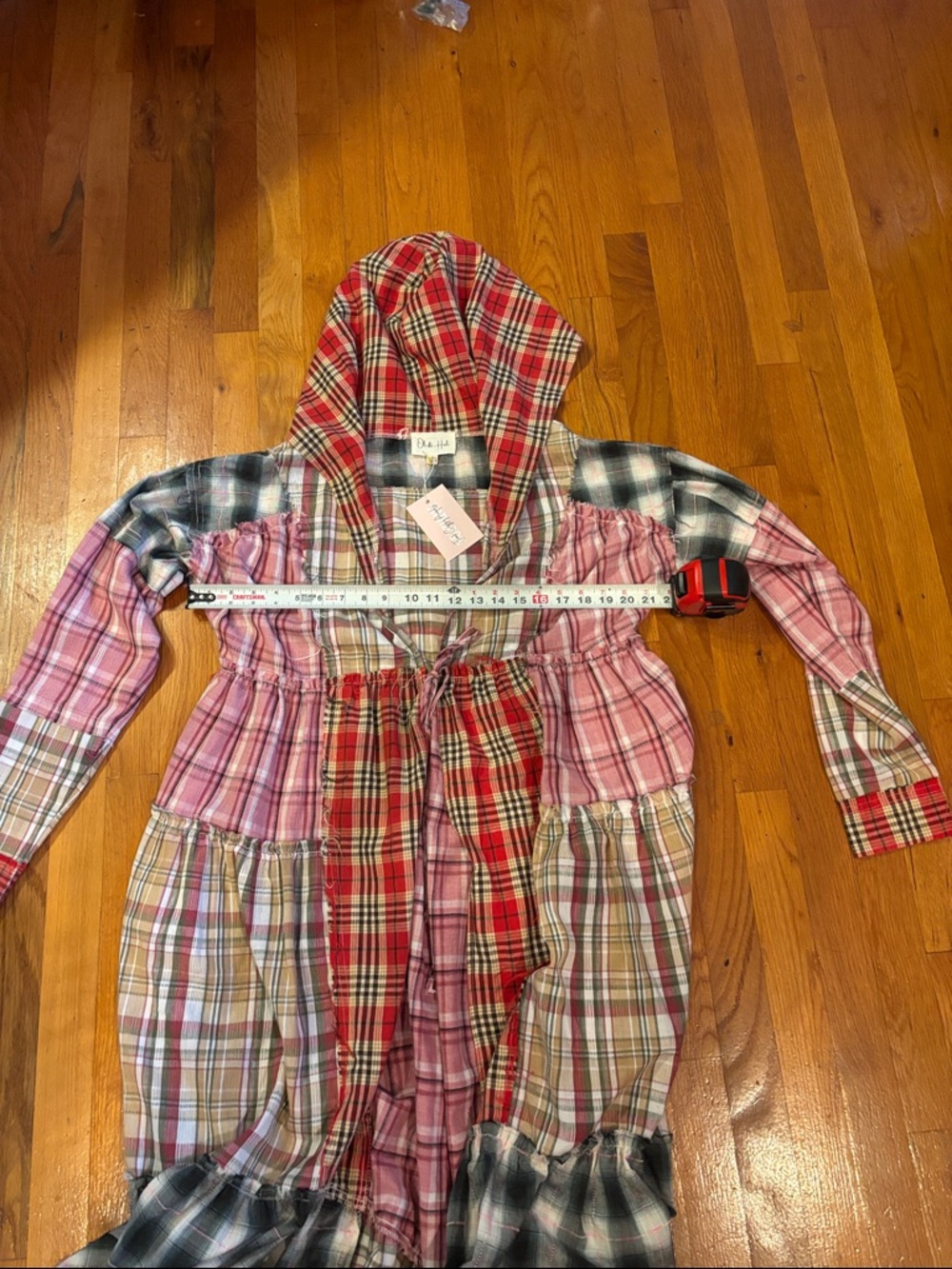 Oli & Hali Plaid Patchwork Tie Front Hooded Duster in Pink, Tan & Green New Sz S - Picture 5 of 6